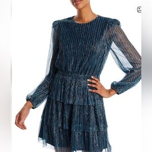 Aqua blue Metallic Stripe Long Sleeve Tiered Dress